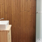 Timber-clad bathroom wall with vanity unit and shower enclosure in the Washwood Barrel