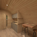 Luxury kitchenette and dining table inside Dual Halfmoon pod with wood-clad interior