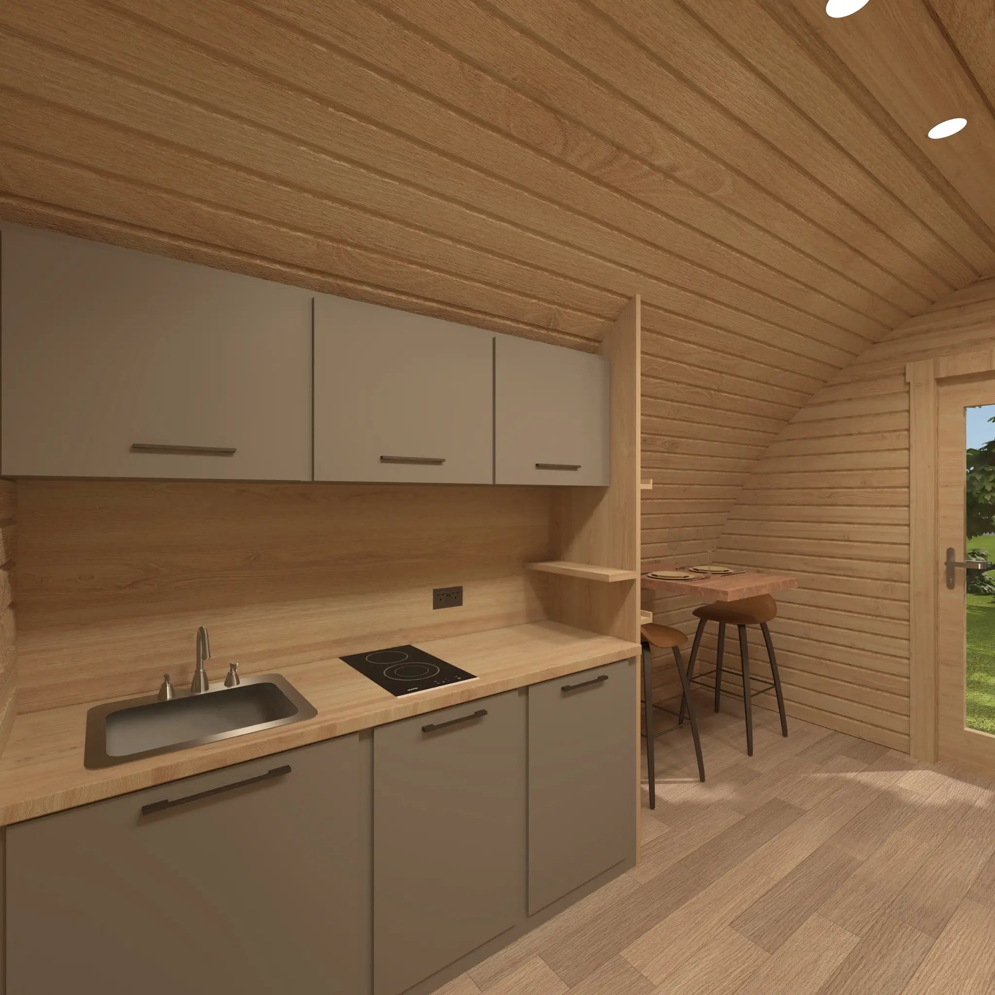 Compact kitchenette and dining area near entrance in Dual Halfmoon 2 person glamping pod