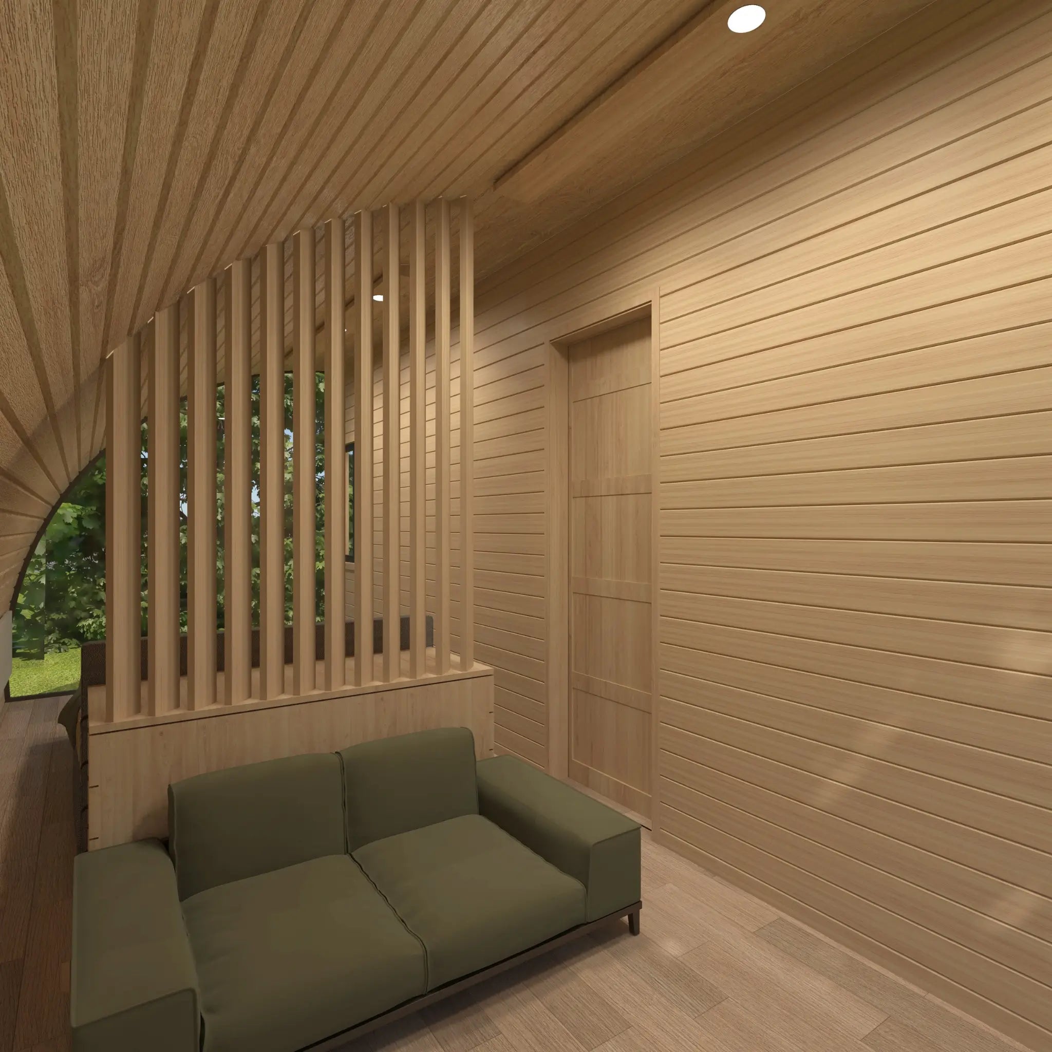 Open living area and bedroom separated by wooden divider in Dual Halfmoon glamping pod