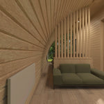 Living space with radiator and bedroom divider in Dual Halfmoon luxury 2 person pod
