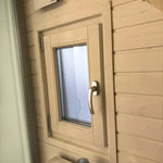 Small opening window providing ventilation in Dual Halfmoon glamping pod bathroom
