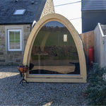 Hobbit garden pod with full glass panoramic end wall, natural wood frame and curved roof, ideal outdoor office or studio