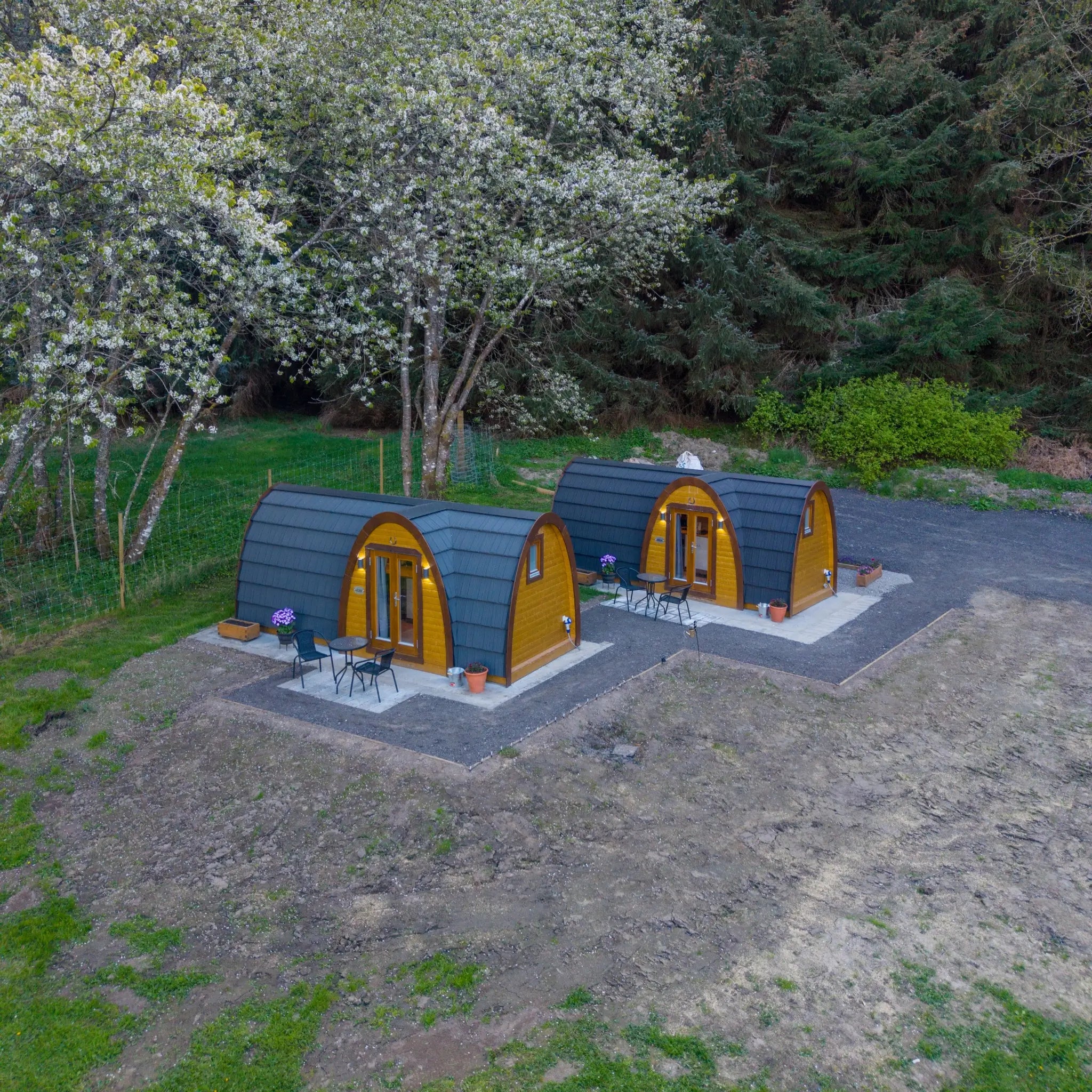 Two luxury timber glamping pods in a peaceful forest setting