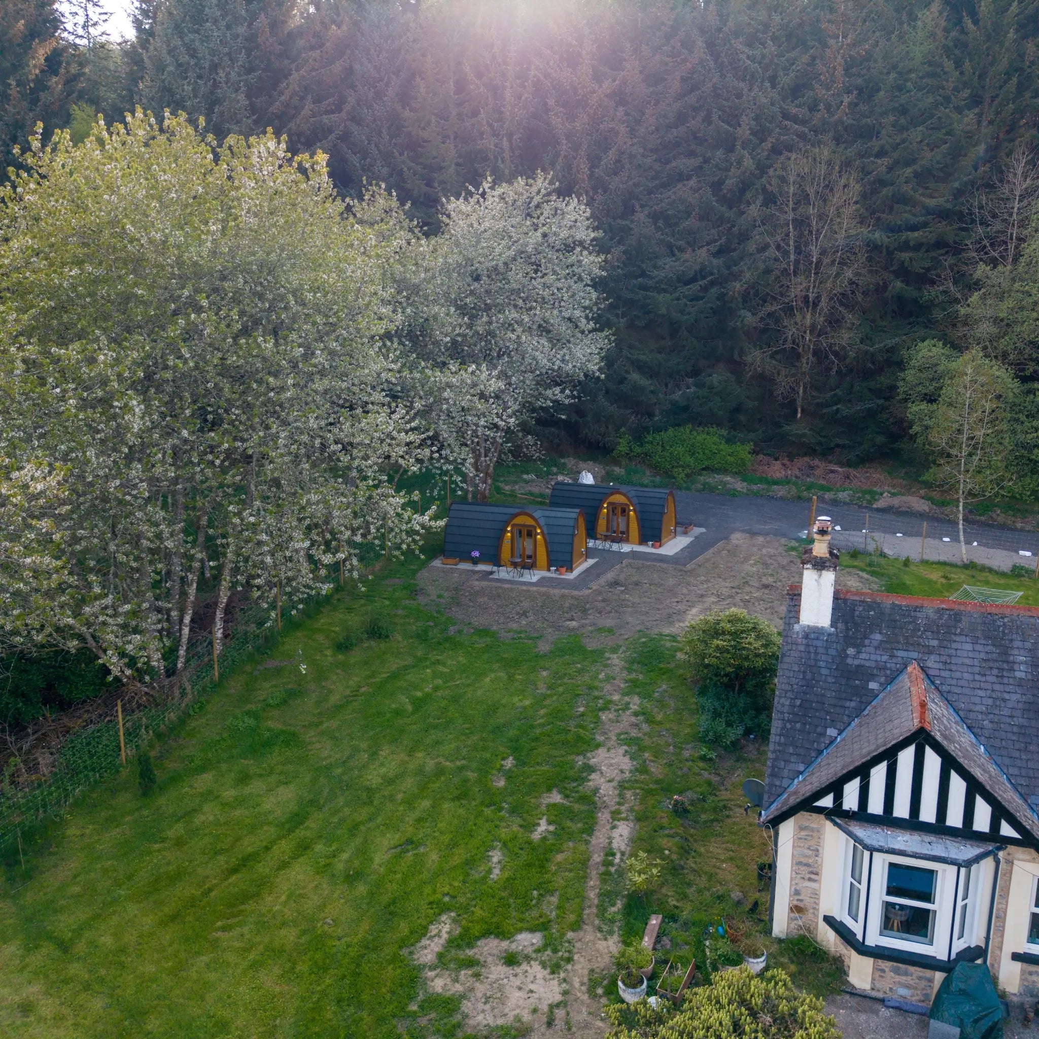 Luxury glamping pods surrounded by woodland viewed from above