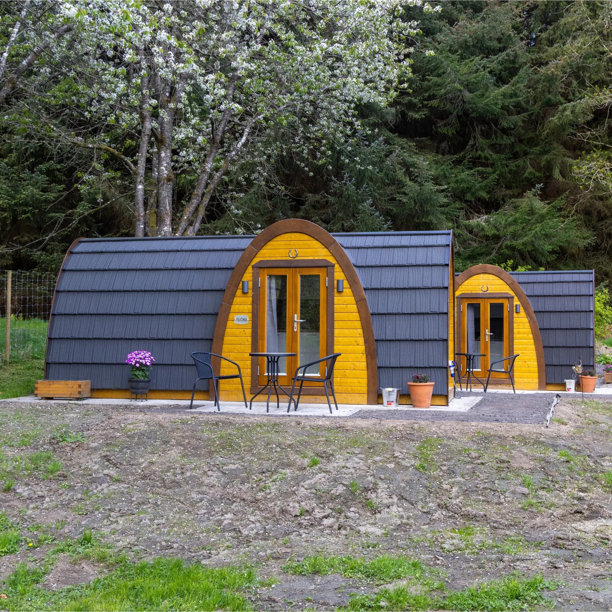 Two luxury glamping pods with private patios in woodland surroundings