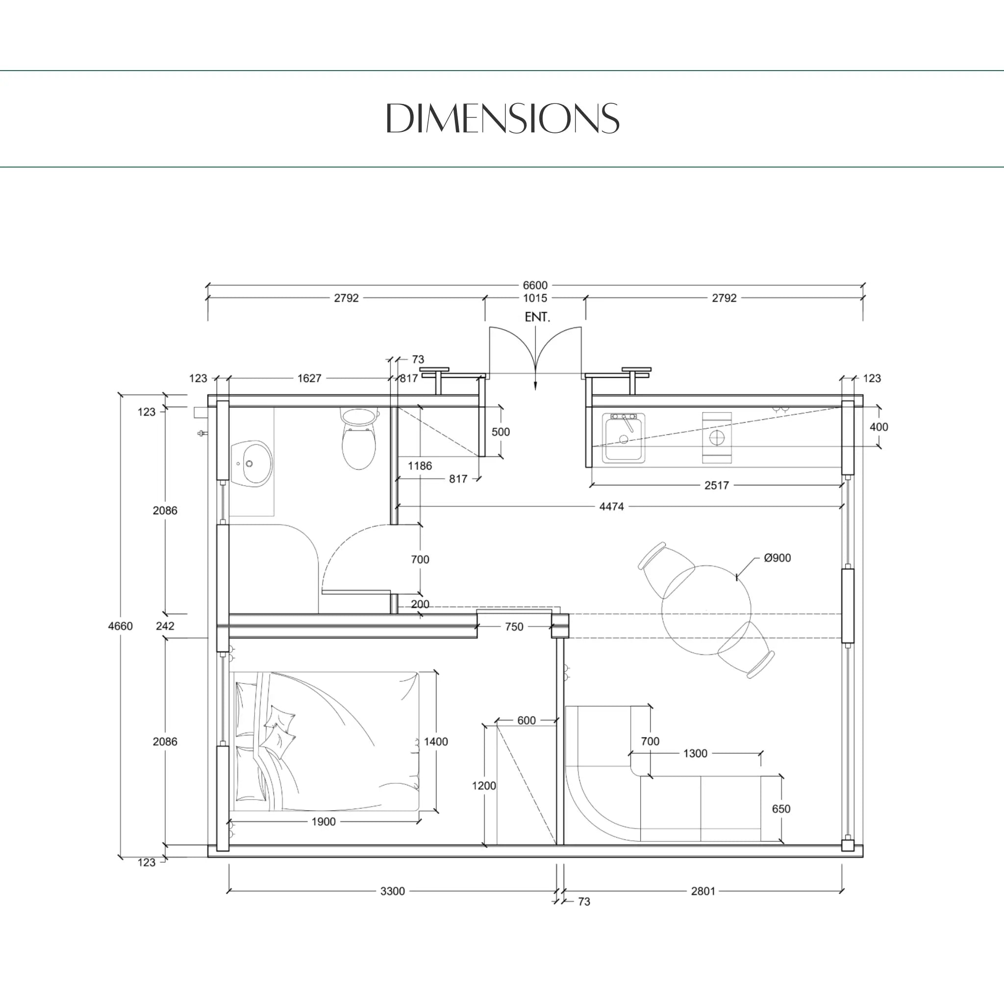 Technical dimension drawing of the Moonburrow Pod luxury 2-person glamping pod, showing overall footprint, internal measurements, and spatial proportions.