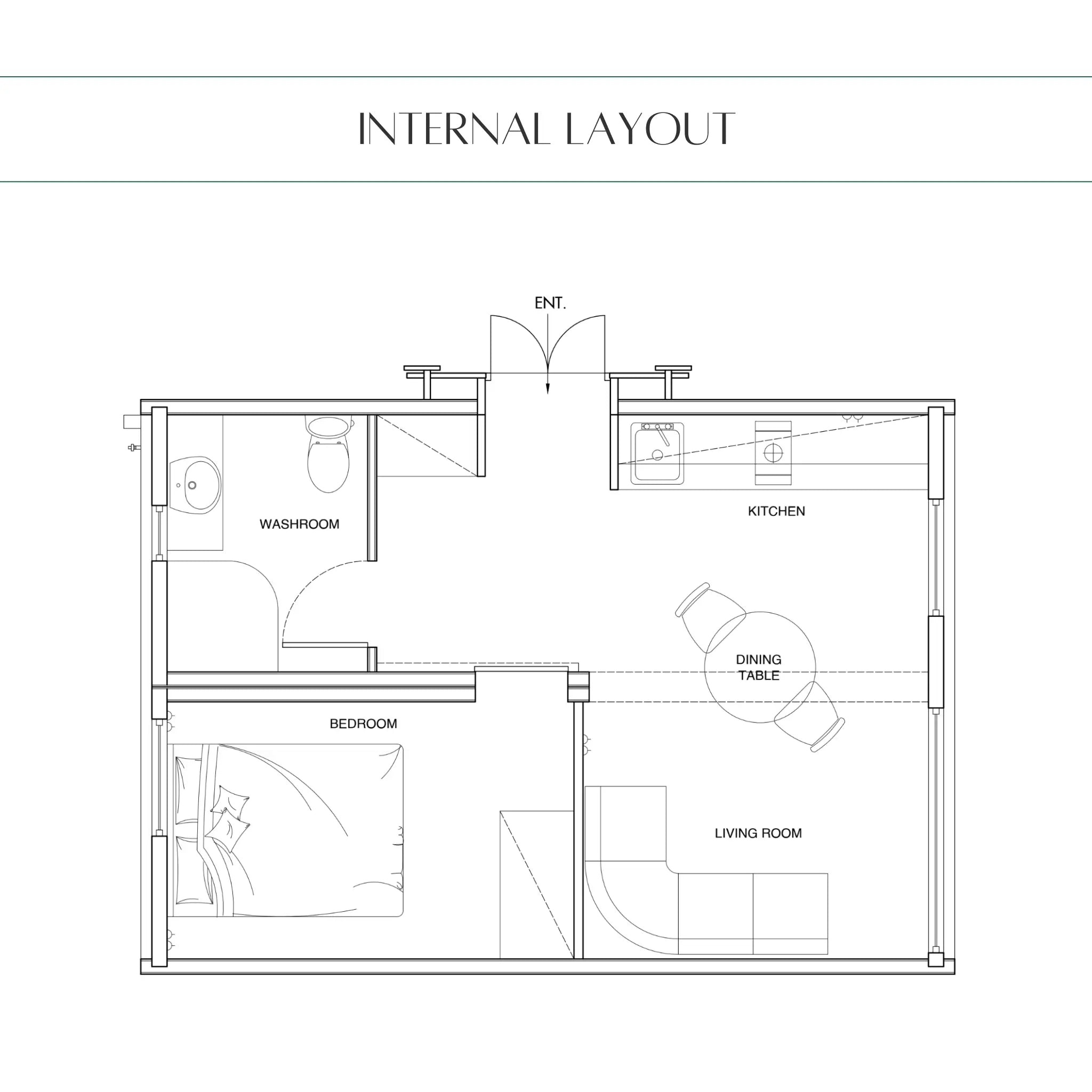 Internal layout floor plan of the Moonburrow Pod luxury glamping pod, illustrating bedroom, bathroom, kitchen, dining area, and living space arrangement.