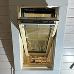 Front interior view of the VELUX roof window in the Twilight Pod above the kitchen counter and sink area