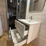 Kitchen sink unit with pull-out drawers and storage detail in the Twilight luxury 2 person glamping pod