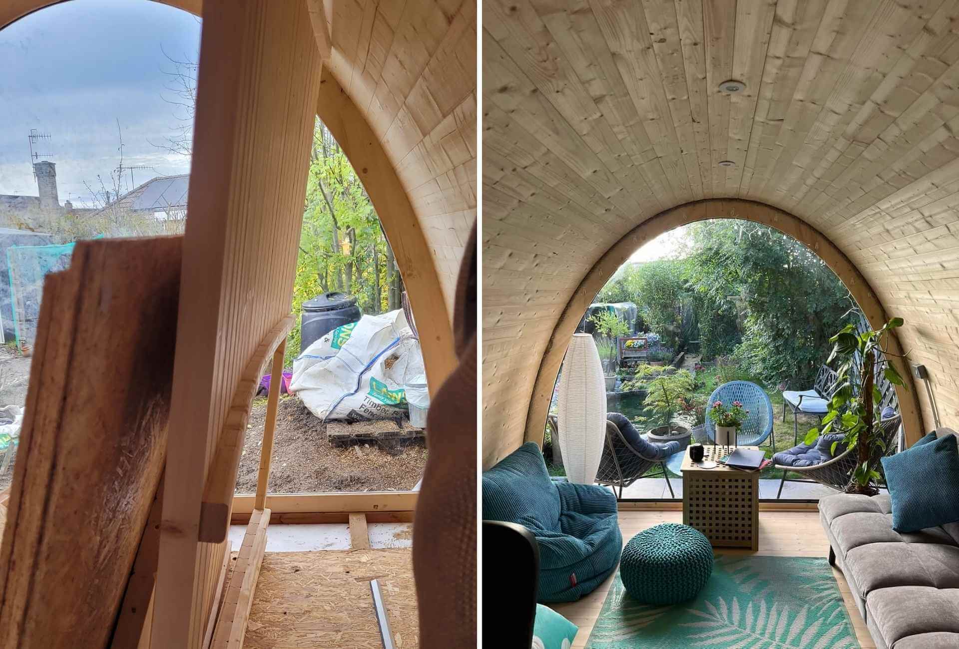 Before-and-after view of Jacqui’s Twilight garden office pod—raw interior during assembly next to the finished space with full glass wall.