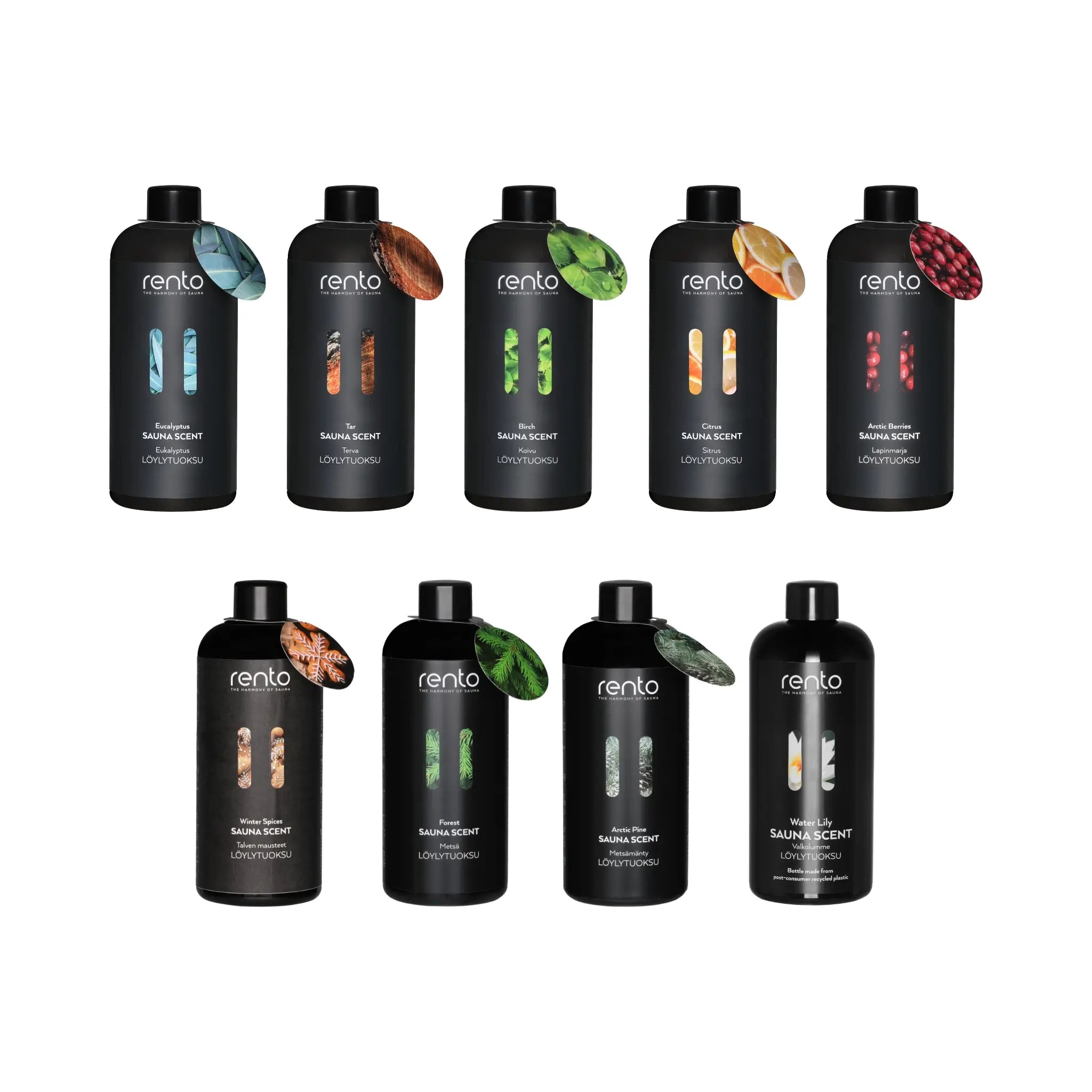 Ultimate Rento sauna aroma collection with nine 400ml sauna scent bottles on a white background.