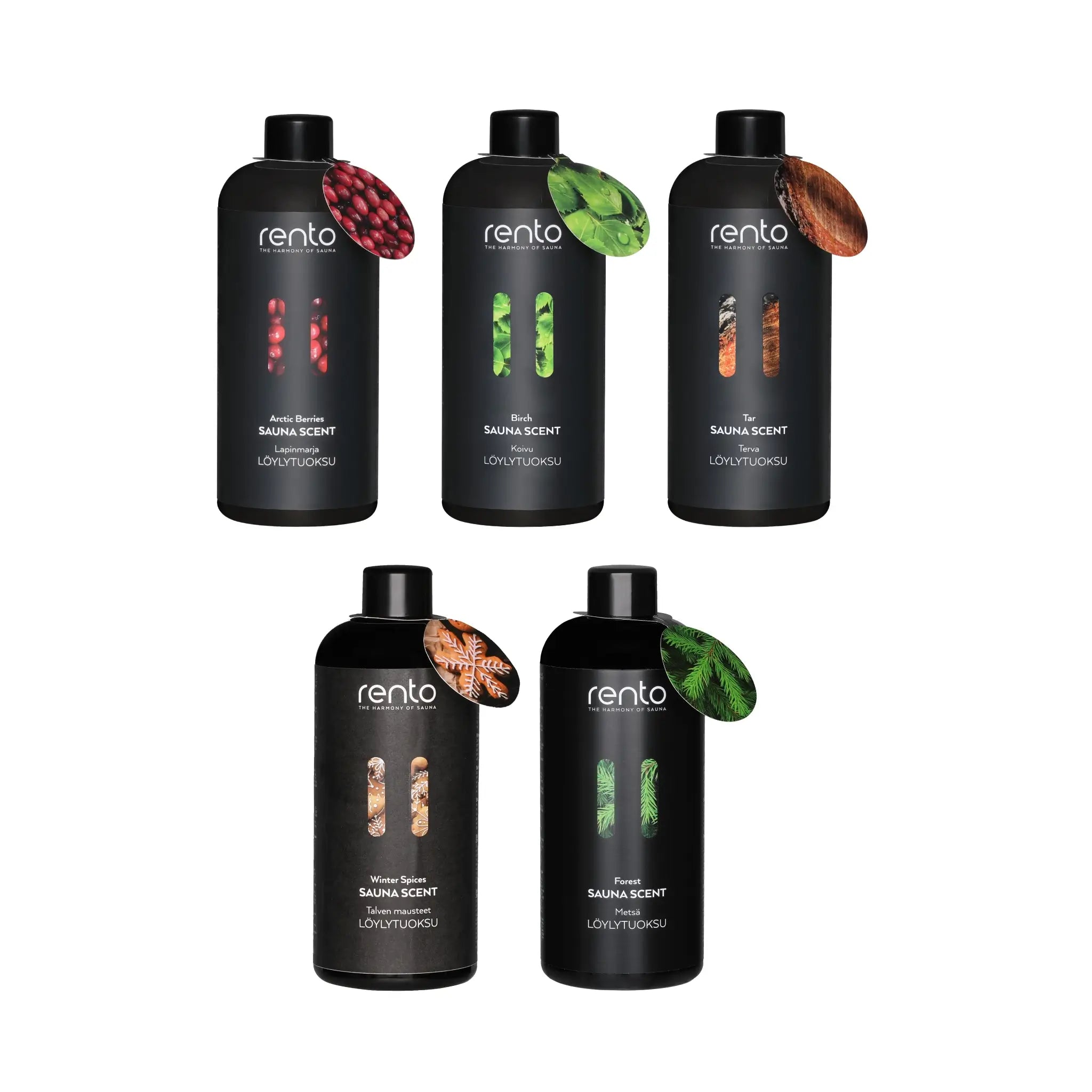 Rento Warm Retreat sauna aroma collection with Arctic Berries, Birch, Tar, Winter Spices and Forest scents on a white background.
