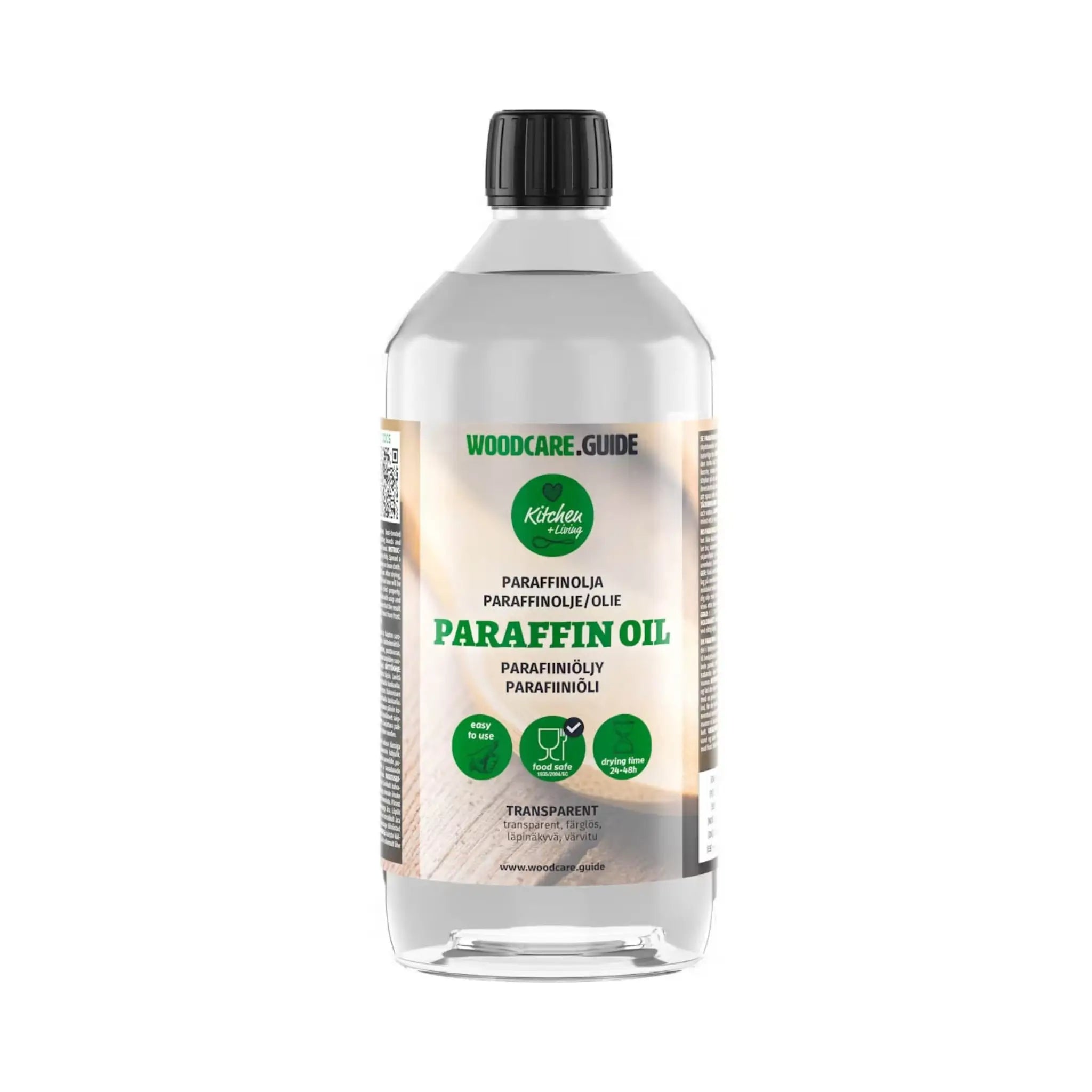 Woodcare Guide Paraffin Oil 1L bottle for protecting untreated wood, sauna benches and timber surfaces on a white background.