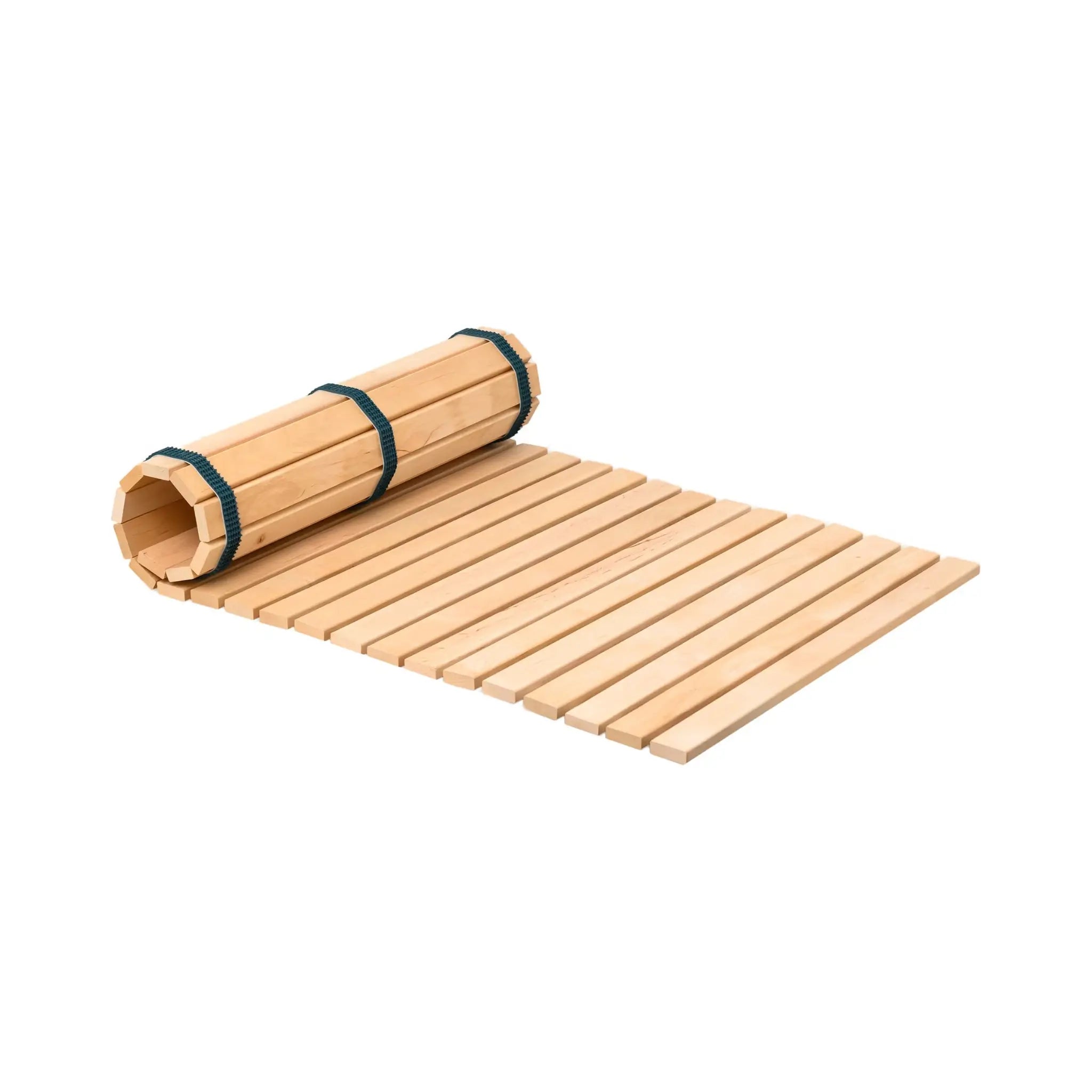 Natural black alder wooden floor mat for sauna and bathroom shown partly rolled