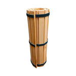 Rolled black alder wooden sauna and bathroom floor mat with dark fastening straps