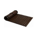 Dark brown treated alder wooden floor mat for sauna and bathroom shown partly rolled