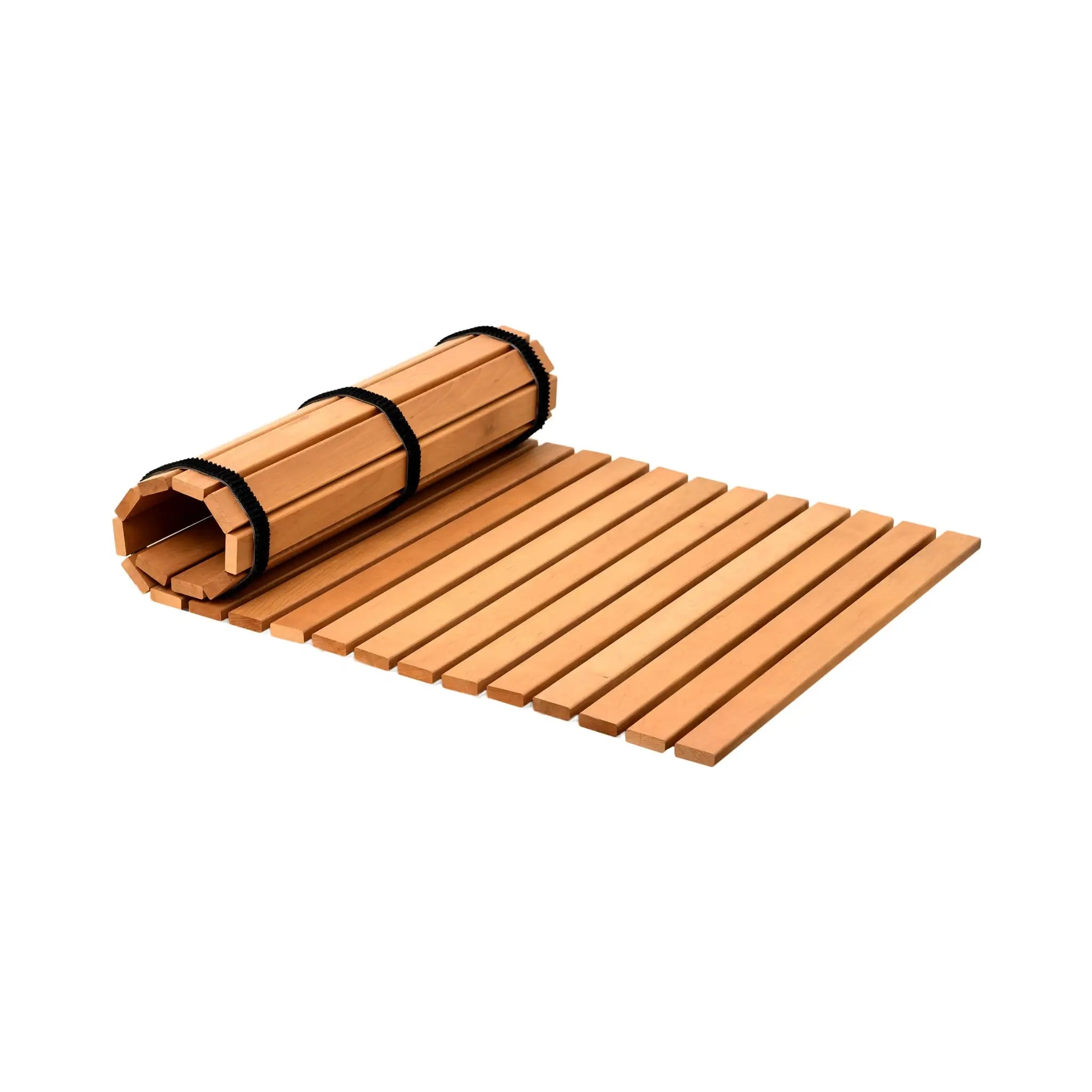 Heat treated alder wooden floor mat for sauna and bathroom shown partly rolled