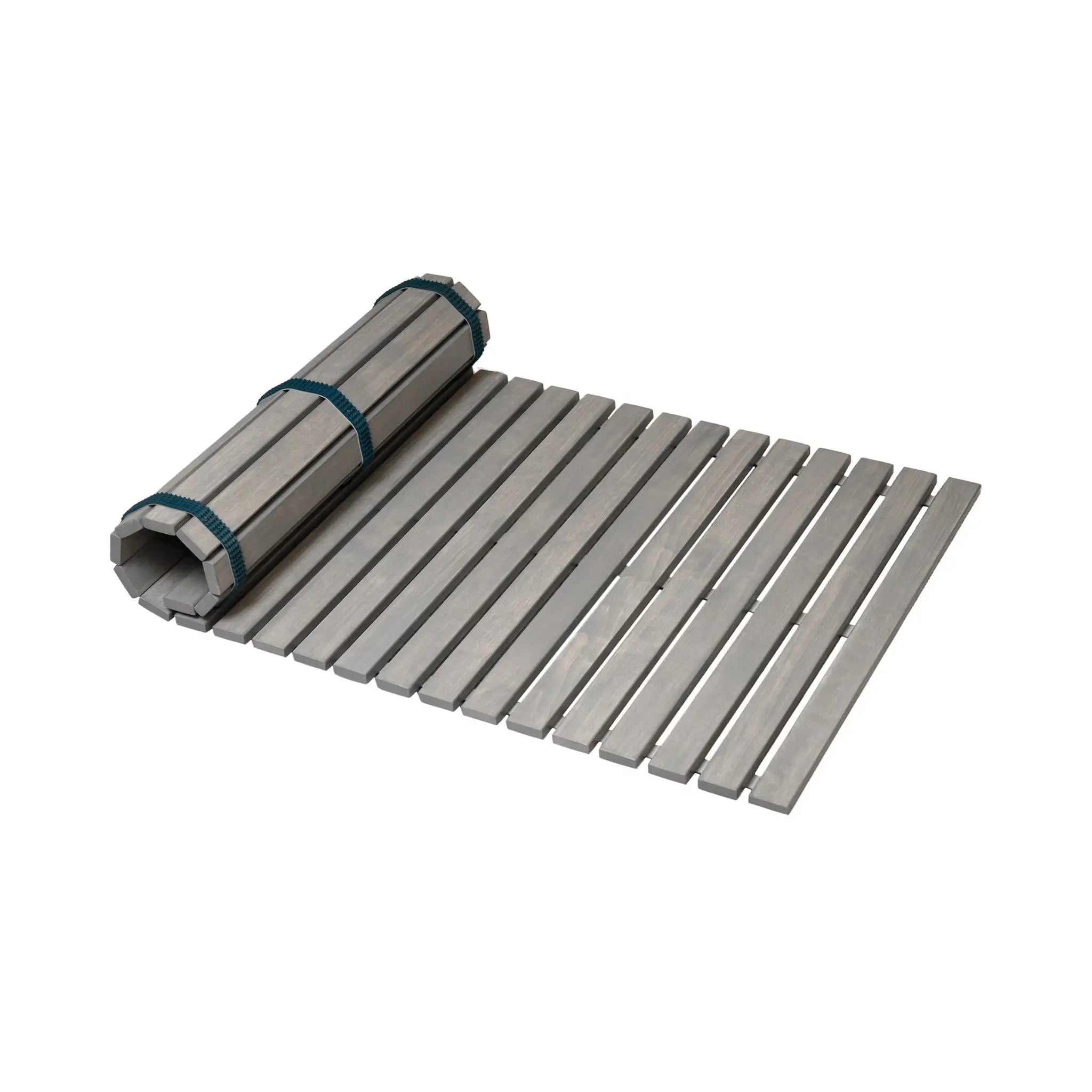 Light grey treated alder wooden floor mat for sauna and bathroom shown partly rolled