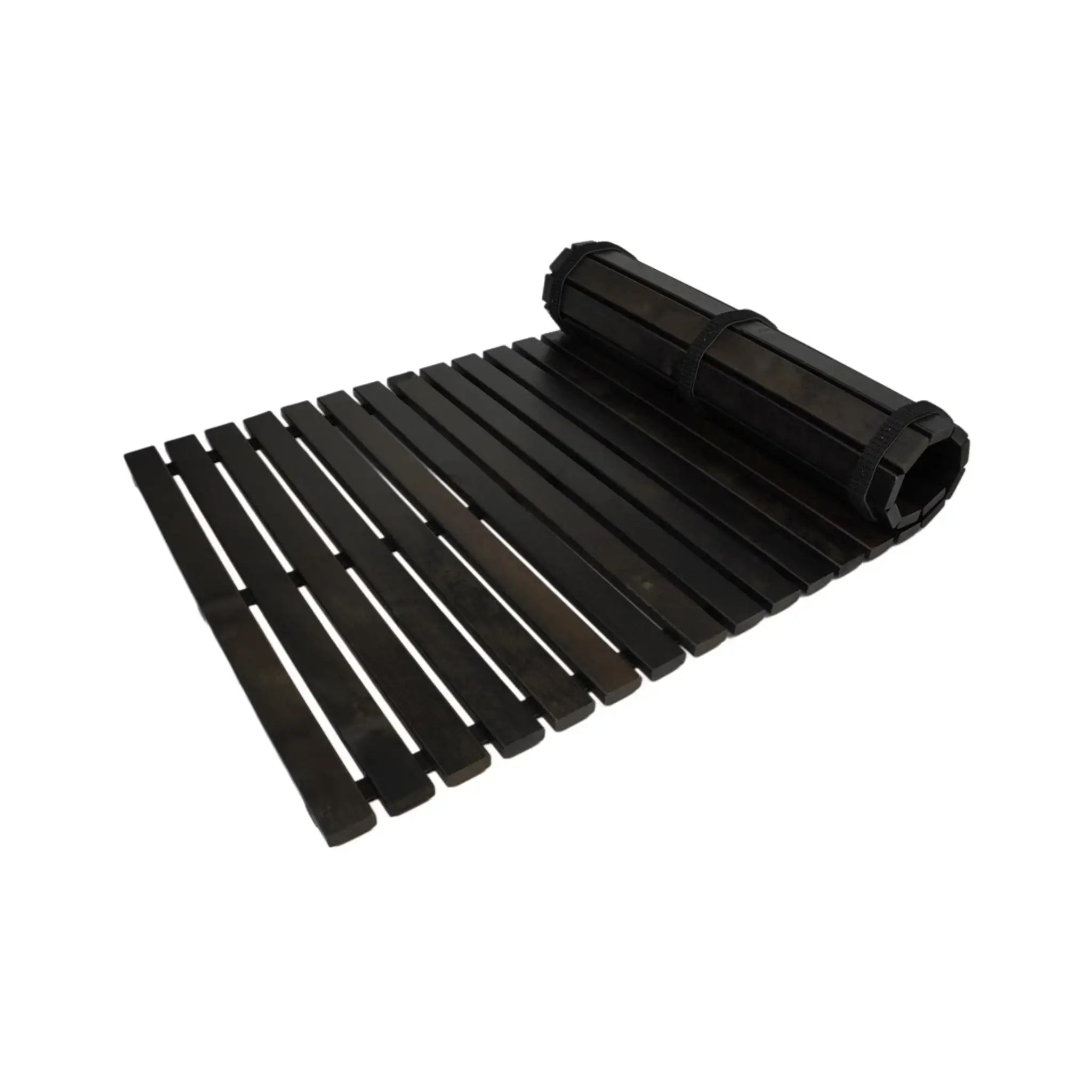 Black treated alder wooden floor mat for sauna and bathroom shown partly rolled