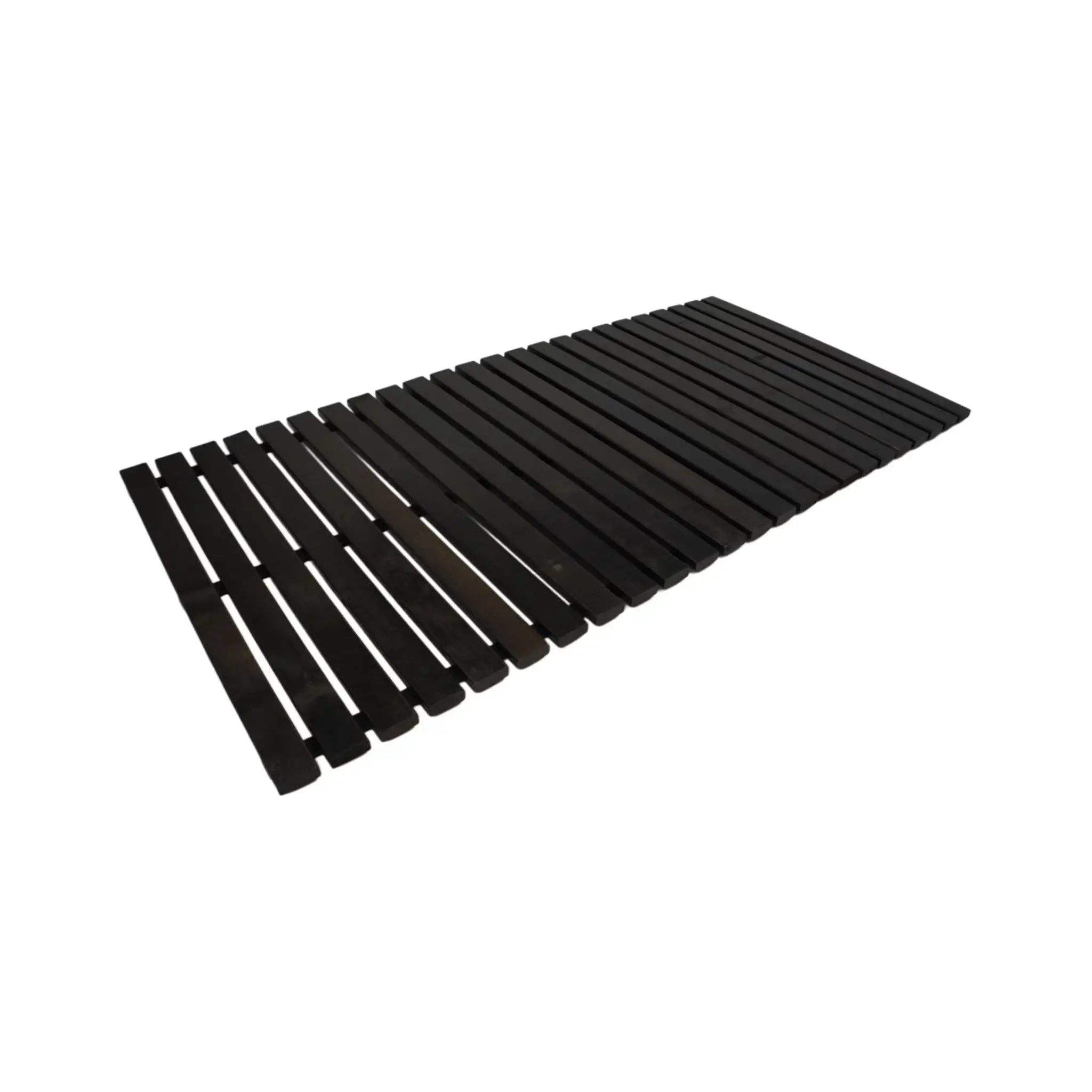 Black treated alder wooden slatted floor mat for sauna and bathroom on white background