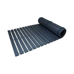Dark grey treated alder wooden floor mat for sauna and bathroom shown partly rolled