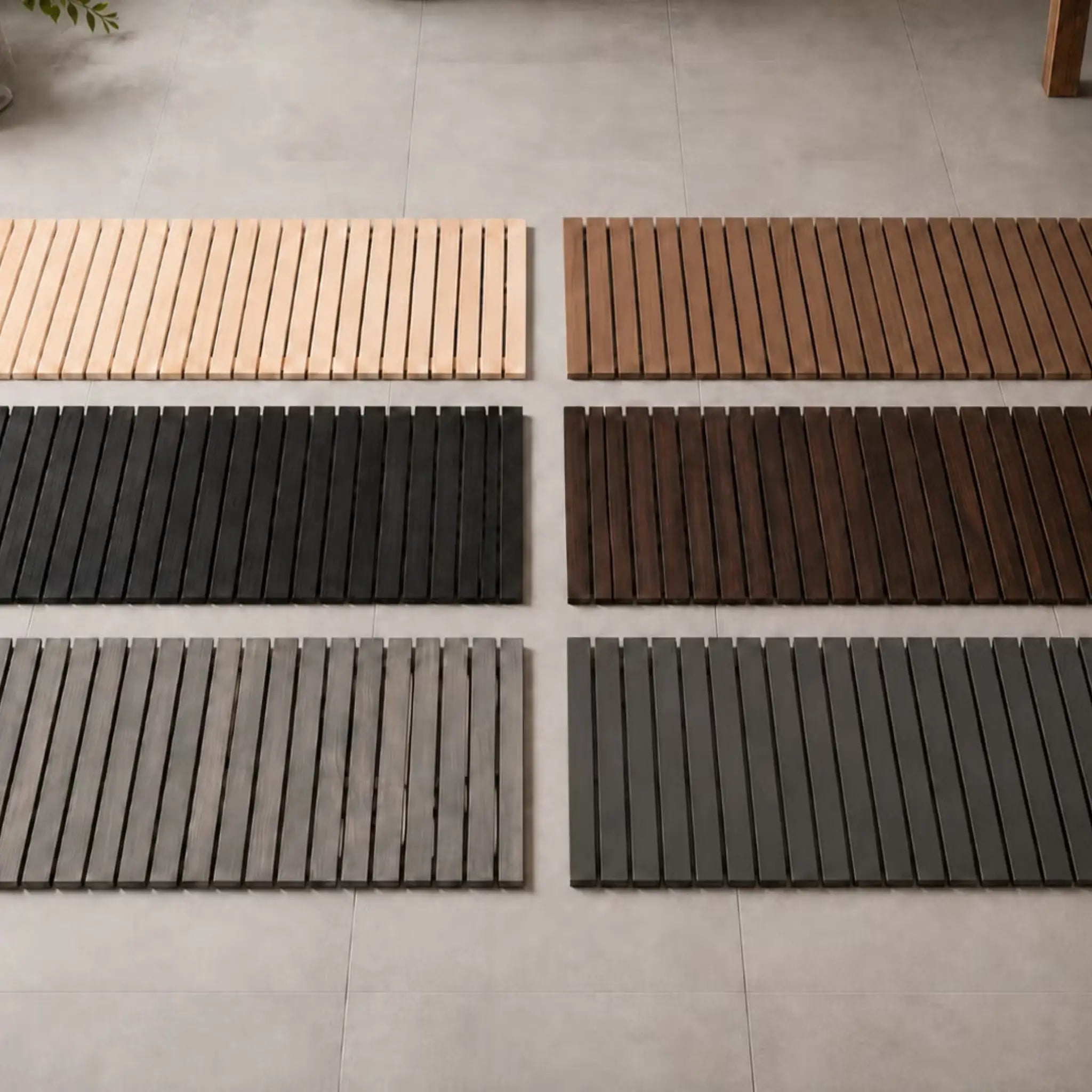 Wooden floor mats for sauna and bathroom displayed in multiple wood finishes