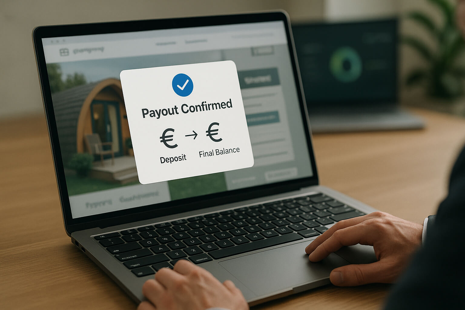 A professional checking a digital payout notification with two euro amounts shown for a split commission structure, set in a clean workspace with a glamping site preview in the background.