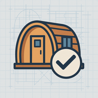 Icon of a glamping pod with a green checkmark overlay and subtle blueprint elements in the background, representing structural compliance and approval.