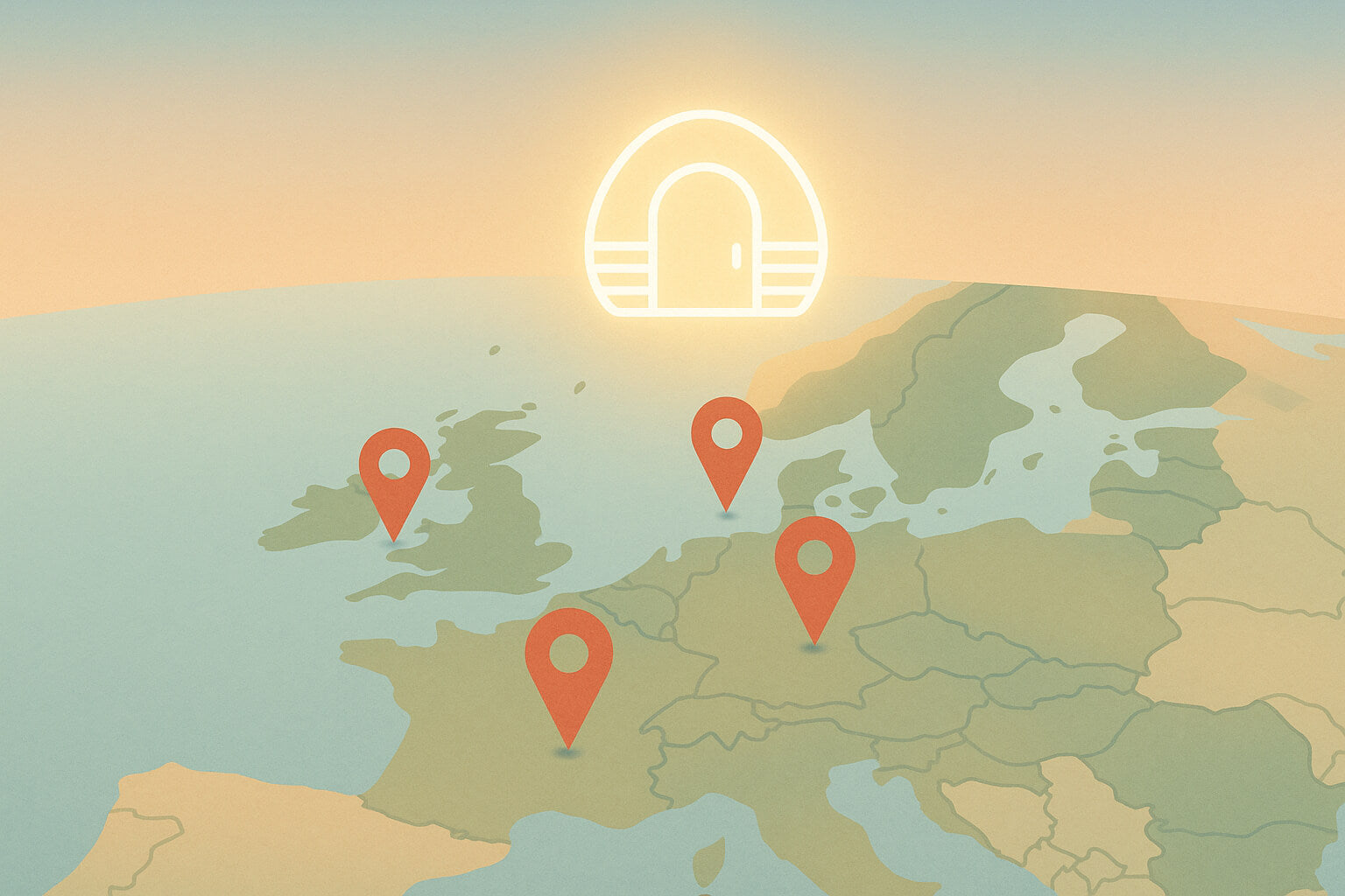 A softly stylised landscape image of a map of Europe with pins over the UK, Ireland, France, and Germany, overlaid with a glowing glamping pod symbol to represent pan-European delivery coverage.