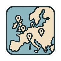 Flat icon of a minimalist European map featuring location pins over the UK, Ireland, France, and Germany, representing widespread delivery coverage.