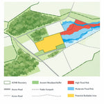 Planning constraints map for a potential glamping site showing flood risk, AONB boundary, access roads, and buildable area
