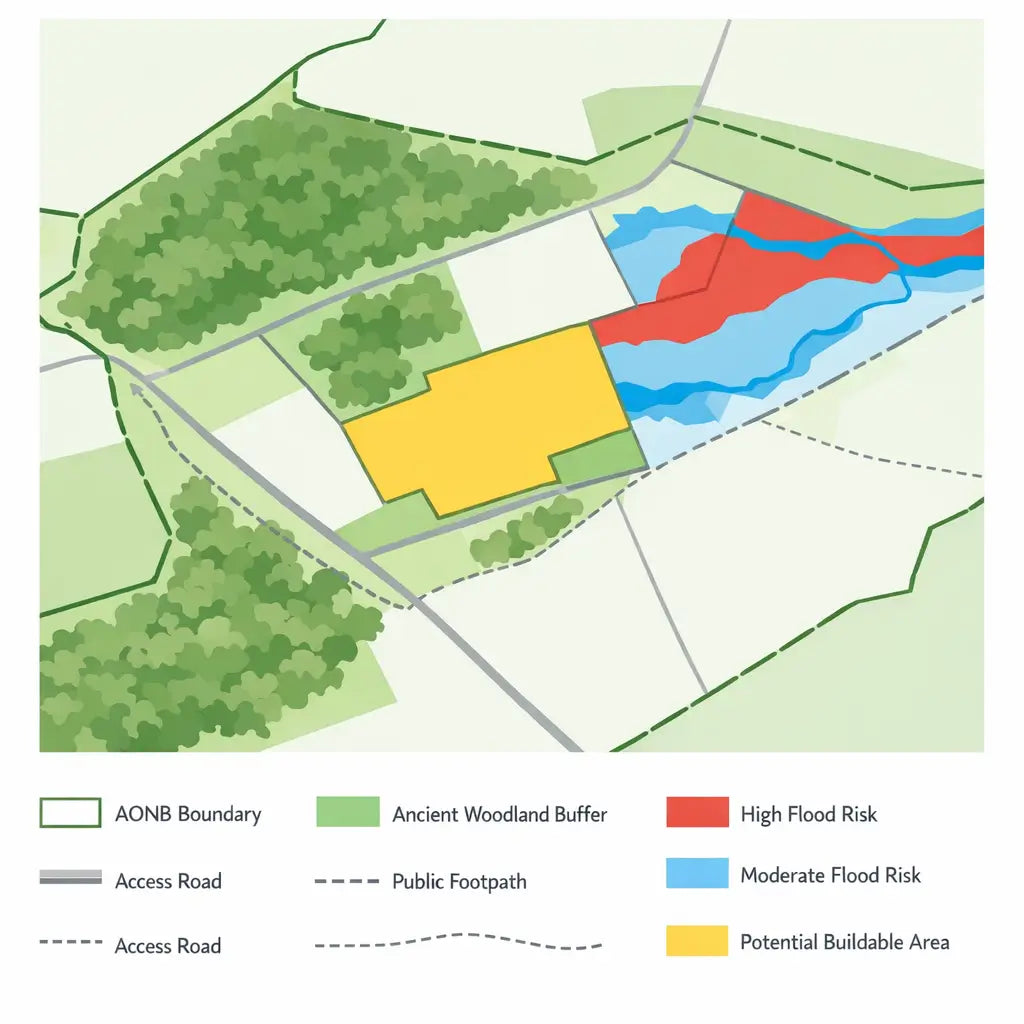 Planning constraints map for a potential glamping site showing flood risk, AONB boundary, access roads, and buildable area