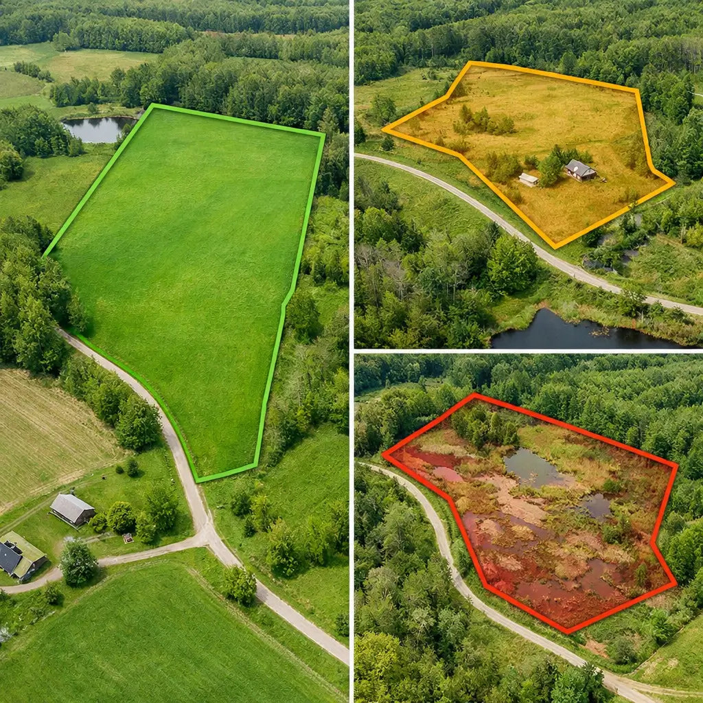 Comparison of shortlisted land options for a glamping site showing viable, conditional, and high-risk parcels