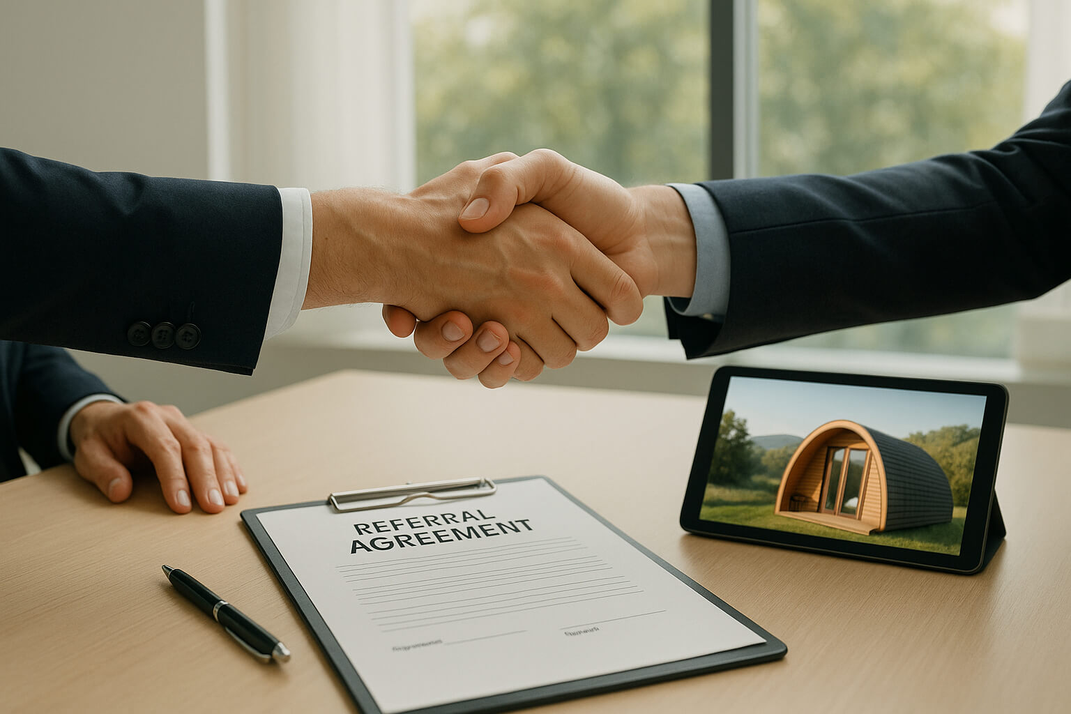 Two professionals shaking hands over a referral agreement with a digital glamping pod design visible on a tablet nearby, symbolising a trusted affiliate partnership.