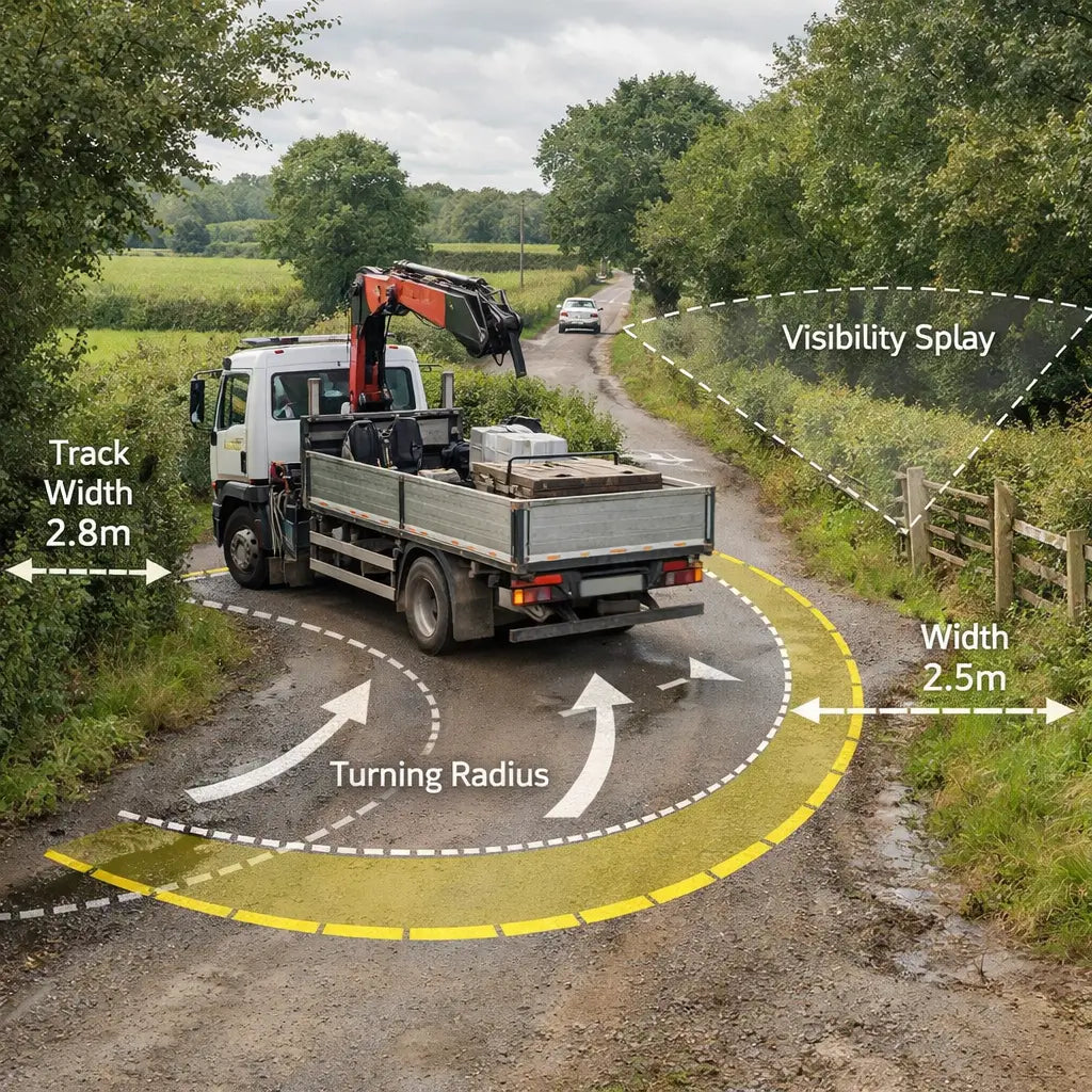 Assessment of rural site access for glamping pods including delivery vehicle turning radius and visibility splays