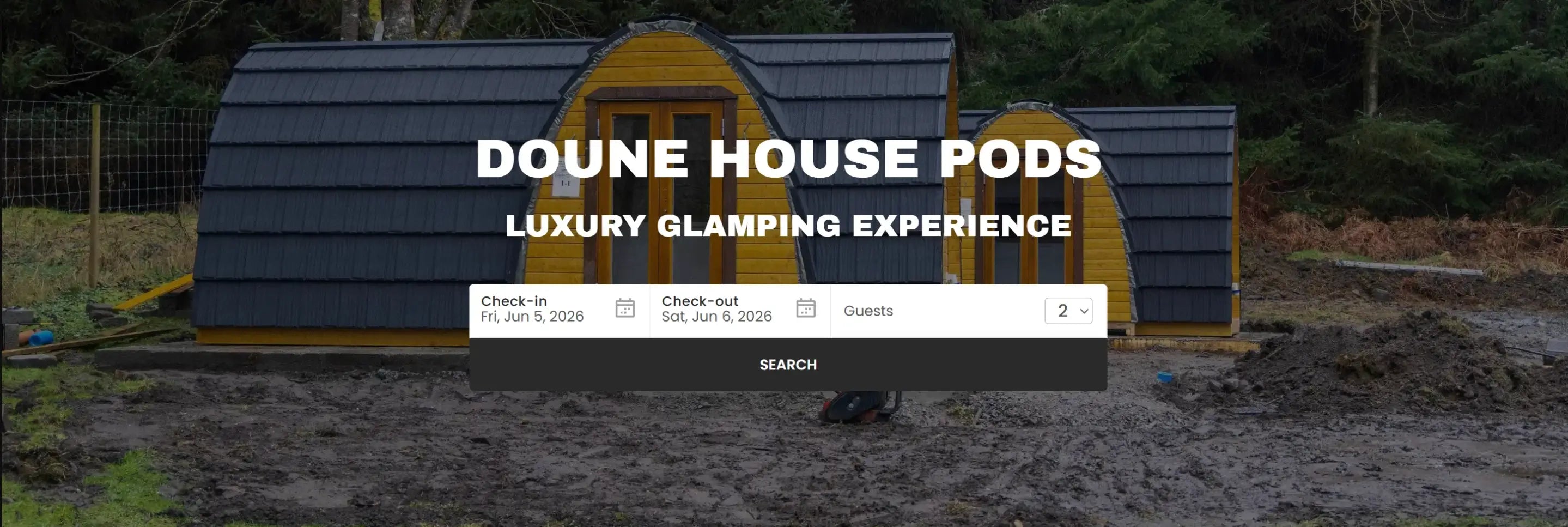 Live glamping business website (dounehousepods.com) demonstrating the future marketing partnership approach of GlampLaunch, helping site owners attract more guests, increase repeat bookings, strengthen their online presence, and achieve sustainable long-term growth after launch.