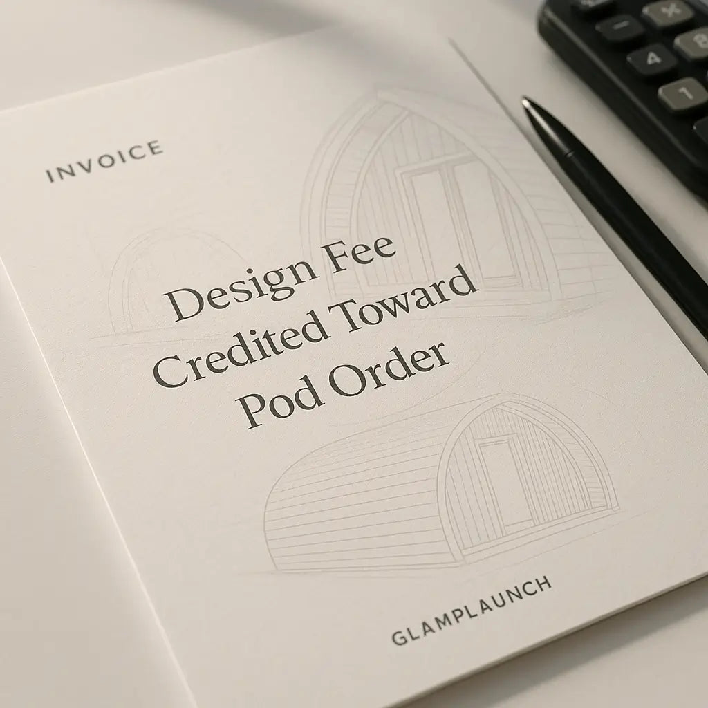 GlampLaunch invoice showing design fee credited toward pod order beside glamping pod line drawings, pen and calculator on white desk under soft daylight.