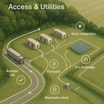 Concept diagram of site access and utilities for glamping feasibility, showing lorry access points, turning radii, centralised parking hub, pedestrian flow to pods, and drainage/SuDS layout. Illustrates practical considerations like delivery routes, screened guest parking, wastewater solutions, and the integration of solar power and off-grid infrastructure within a UK countryside site.