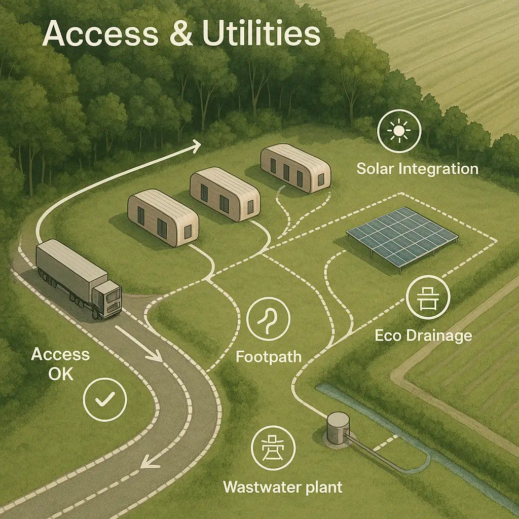 Concept diagram of site access and utilities for glamping feasibility, showing lorry access points, turning radii, centralised parking hub, pedestrian flow to pods, and drainage/SuDS layout. Illustrates practical considerations like delivery routes, screened guest parking, wastewater solutions, and the integration of solar power and off-grid infrastructure within a UK countryside site.
