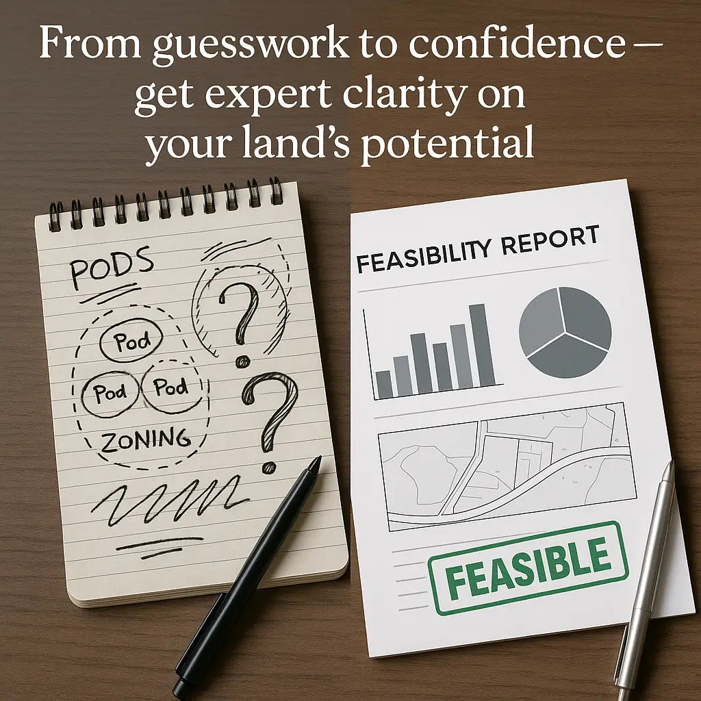 Split screen showing messy guesswork vs clear glamping feasibility report with maps and ROI charts.