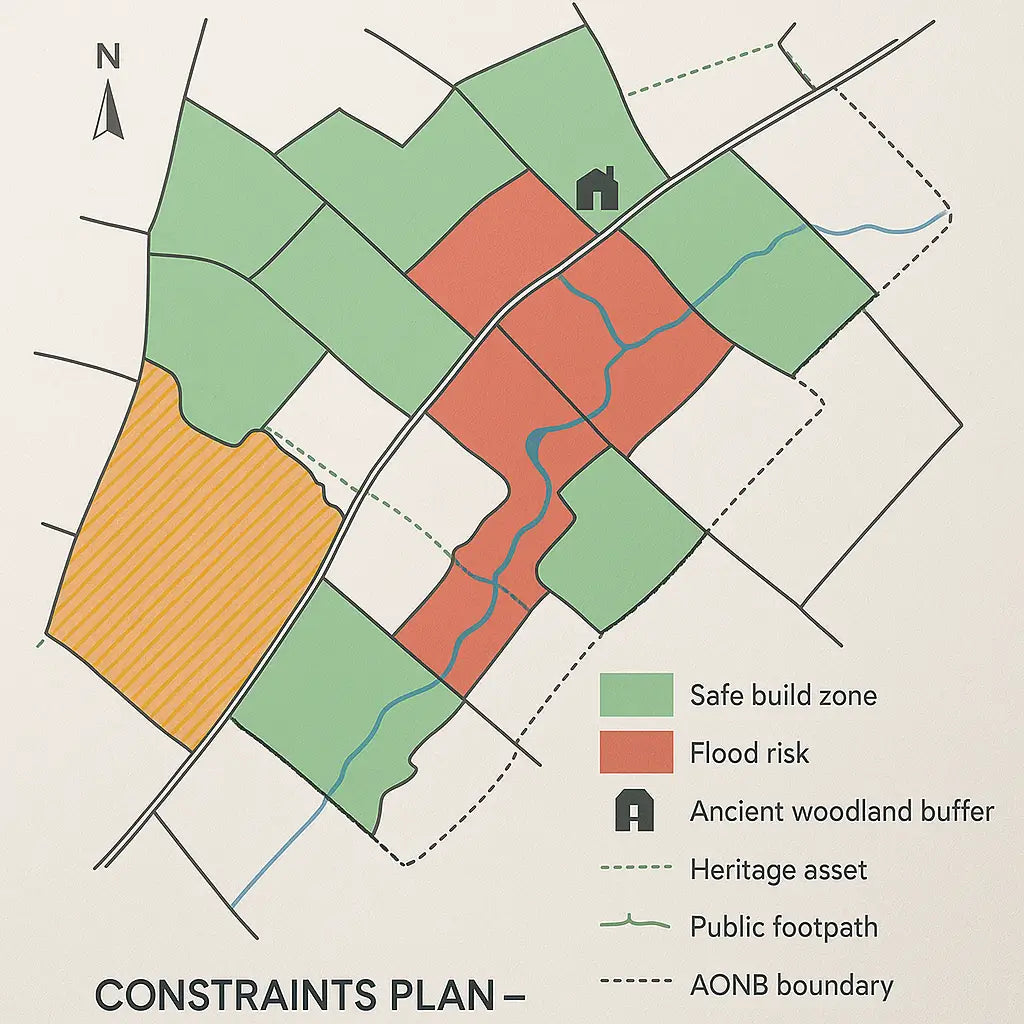 Detailed planning map overlay for a UK glamping feasibility study, highlighting AONB boundaries, flood zones, ancient woodland buffers, and nearby heritage assets. Demonstrates how planning risk is assessed with DEFRA MAGIC, Historic England, and council policies to predict the likelihood of gaining planning approval for pods or shepherd huts in sensitive rural locations.