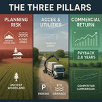 Glamping feasibility study cover design showing the three core pillars of success — planning risk, access and utilities, and commercial return — presented in a clean infographic style with icons and muted woodland background. Visual emphasises how a feasibility report gives UK landowners clarity on planning permission, site logistics, and financial ROI before investing in glamping pods.