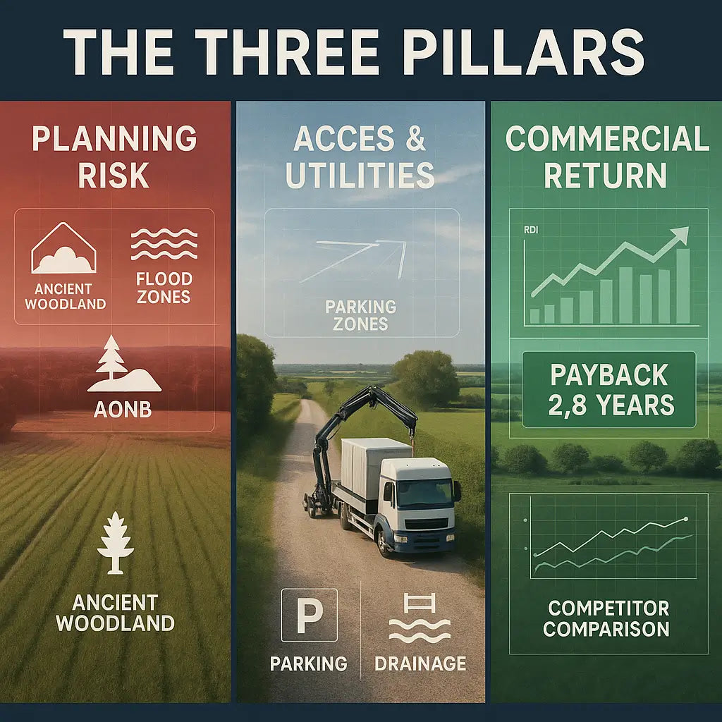 Glamping feasibility study cover design showing the three core pillars of success — planning risk, access and utilities, and commercial return — presented in a clean infographic style with icons and muted woodland background. Visual emphasises how a feasibility report gives UK landowners clarity on planning permission, site logistics, and financial ROI before investing in glamping pods.