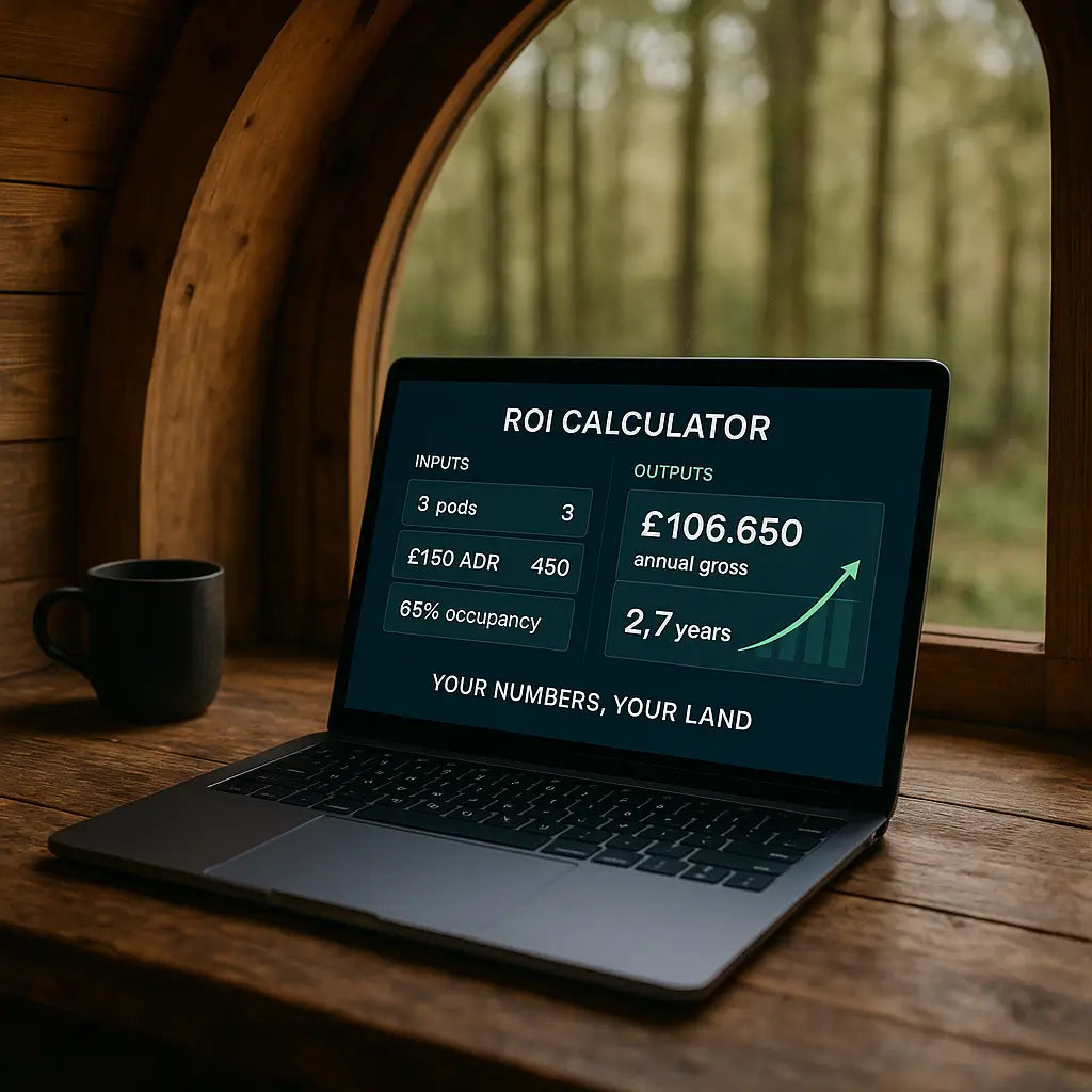 Financial ROI projection chart included in GlampLaunch feasibility studies, modelling conservative, target, and optimistic scenarios for 3-pod glamping site. Visualises occupancy rates, average daily rates, and add-on revenues such as sauna sessions or breakfast hampers. Shows how owners can forecast payback period and long-term profitability of a glamping business in the UK market.