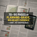 Example of a completed GlampLaunch feasibility study report, shown as a professional 70–90 page PDF document with maps, precedent tables, ROI modelling, and next steps. Demonstrates the depth of analysis delivered compared to competitors’ 20-page reports, giving UK glamping entrepreneurs planning-grade evidence, commercial projections, and an impartial launch blueprint.