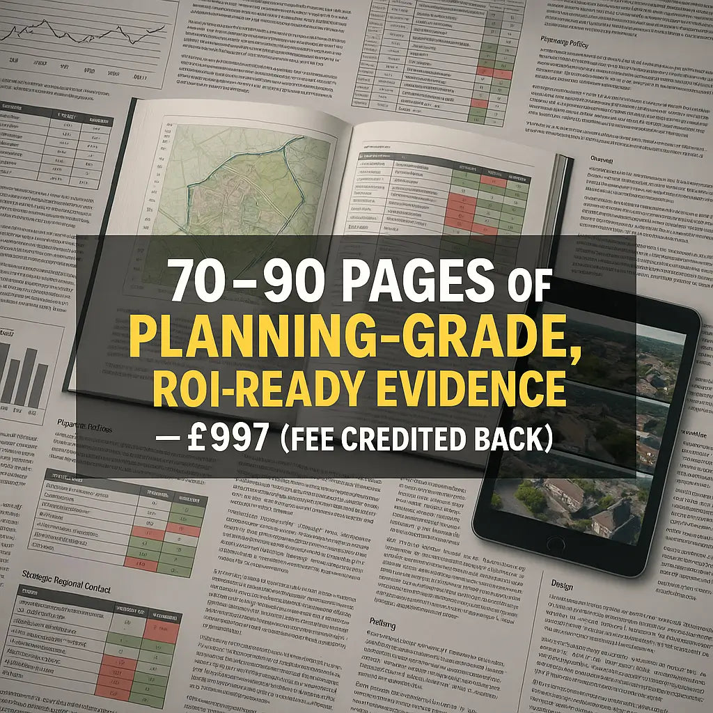 Example of a completed GlampLaunch feasibility study report, shown as a professional 70–90 page PDF document with maps, precedent tables, ROI modelling, and next steps. Demonstrates the depth of analysis delivered compared to competitors’ 20-page reports, giving UK glamping entrepreneurs planning-grade evidence, commercial projections, and an impartial launch blueprint.