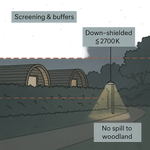 Night-time diagram of glamping pods screened by hedgerow, with down-shielded warm lighting ≤2700K, and no light spill to woodland.