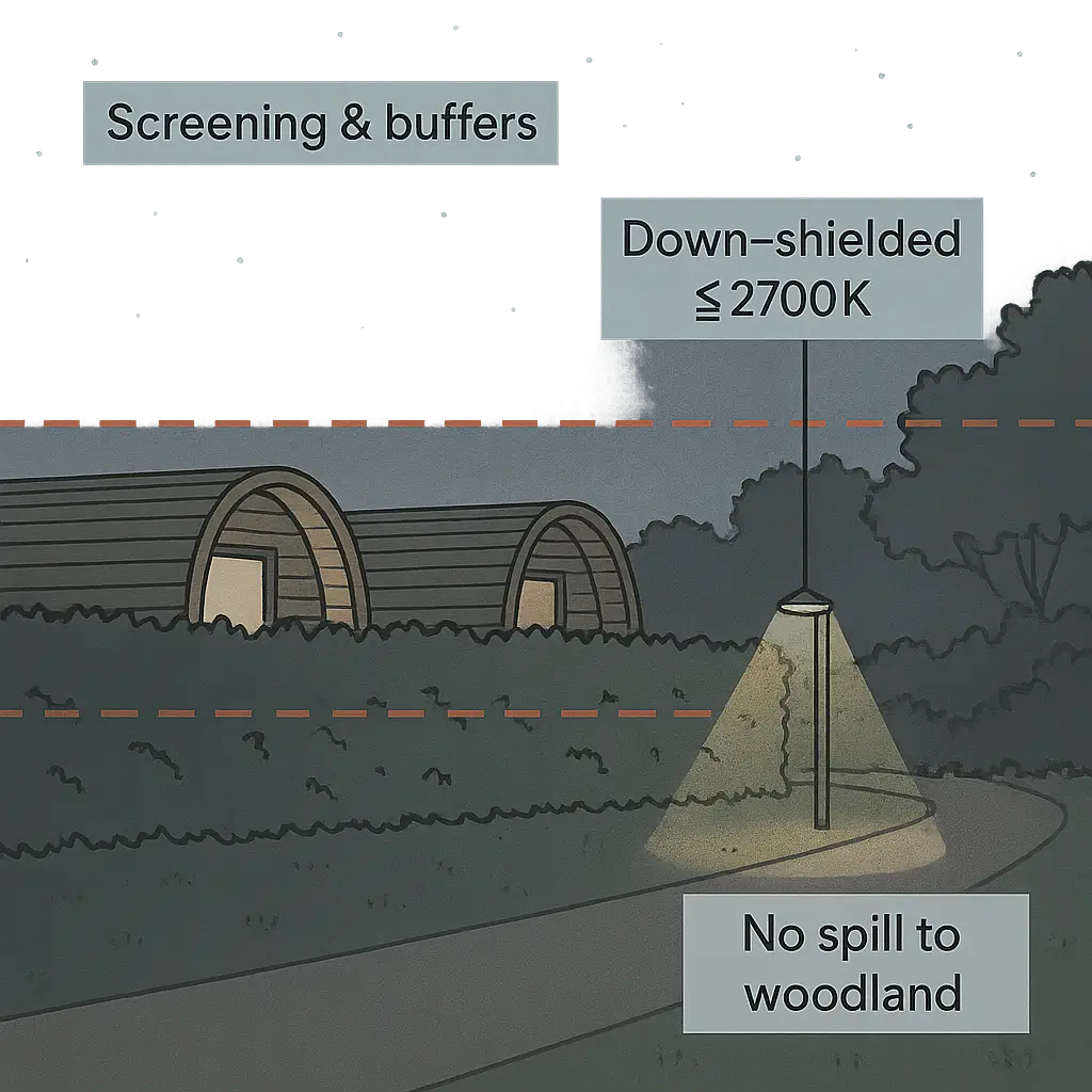 Night-time diagram of glamping pods screened by hedgerow, with down-shielded warm lighting ≤2700K, and no light spill to woodland.