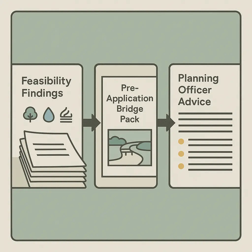 Infographic showing documents flowing from feasibility findings, into a Pre-Application Bridge Pack, then into Planning Officer Advice with bullet points.